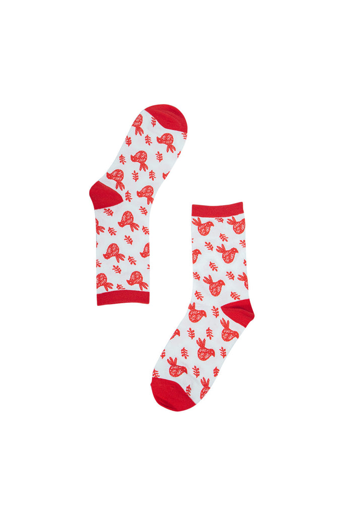 close up of the red scandi bird pattern