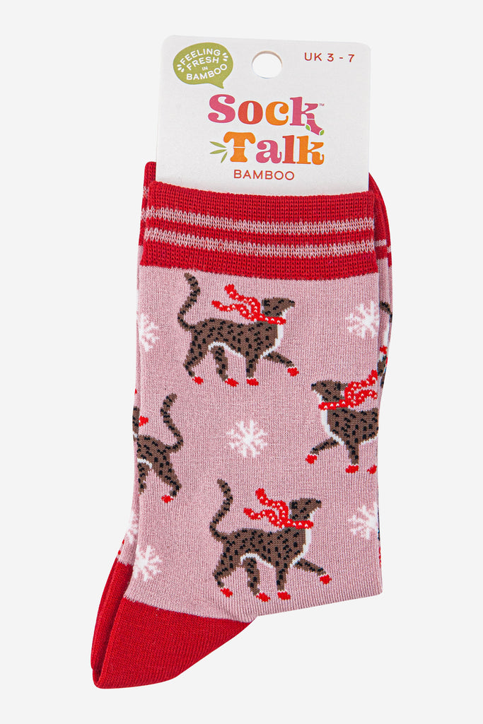 womens-bamboo-socks-pink-red-winter-cheetah-in-sock-talk-packaging