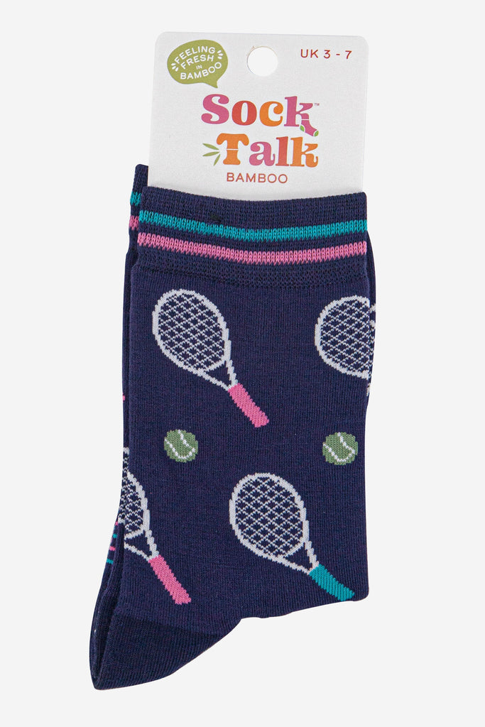 womens-bamboo-socks-navy-blue-tennis-in-sock-talk-packaging