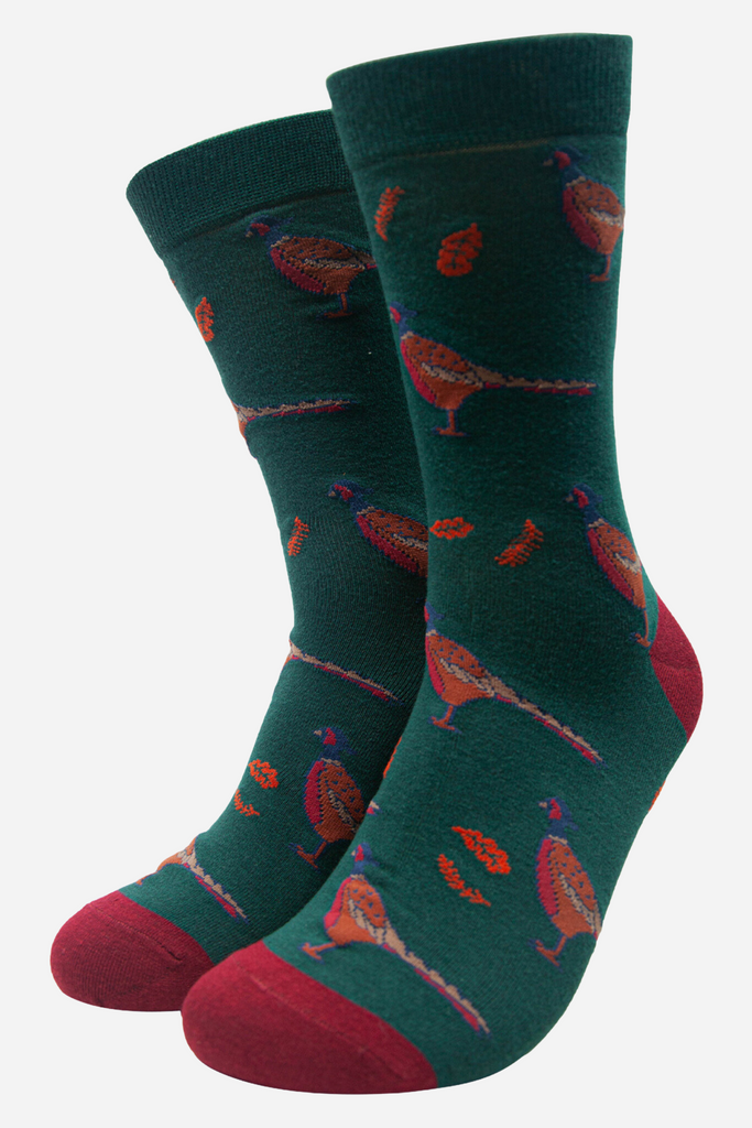 green socks with woodland pheasants and autumn leaves