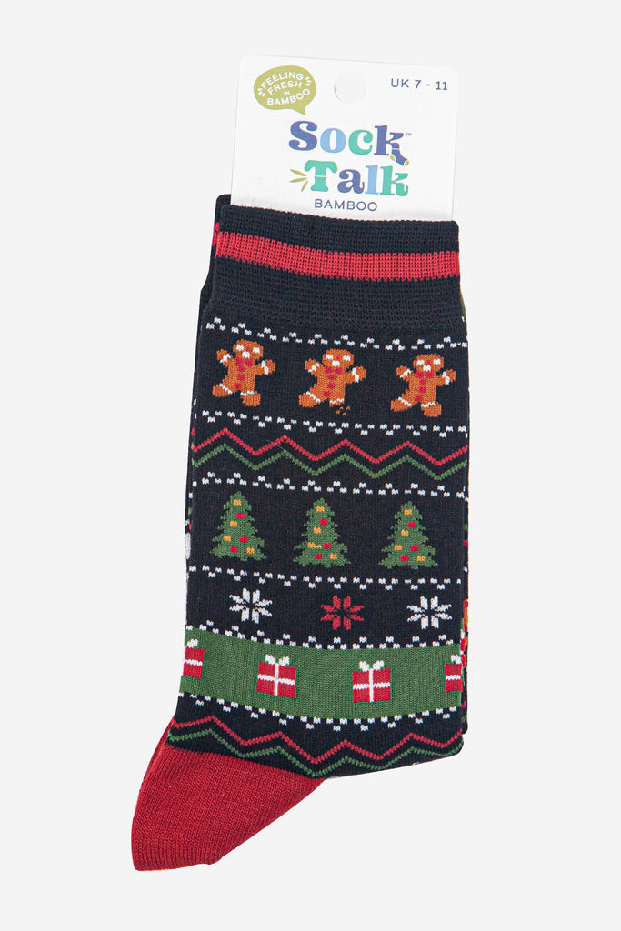 mens-bamboo-socks-black-khaki-gingerbread-fair-isle-in-sock-talk-packaging