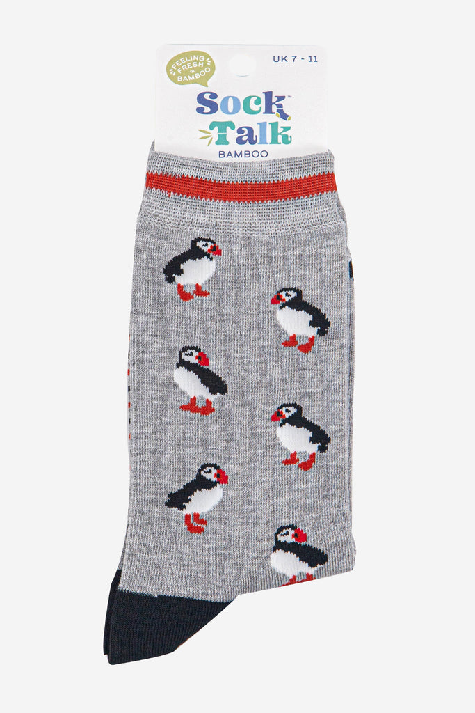 mens-bamboo-socks-light-grey-black-puffins-in-sock-talk-packaging