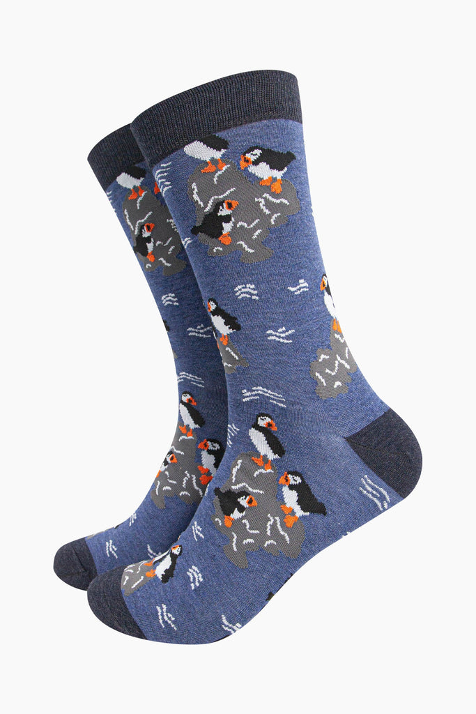 mens-bamboo-socks-denim-blue-puffins-on-rocks-birds-seaside-coast