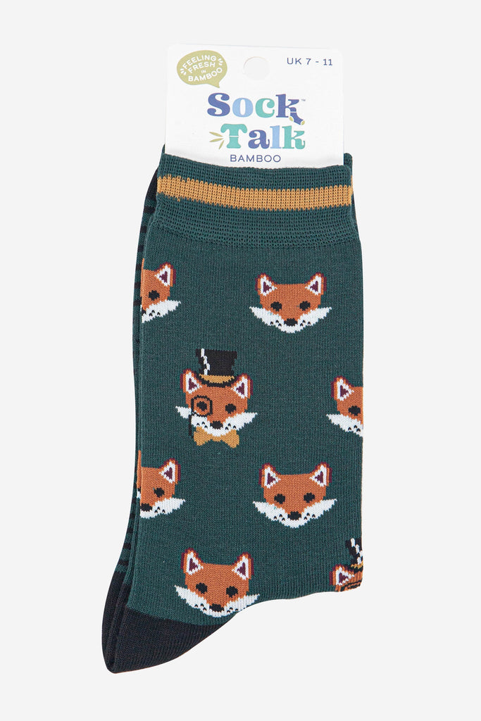 mens-bamboo-socks-forest-green-black-dapper-fox-in-sock-talk-packaing