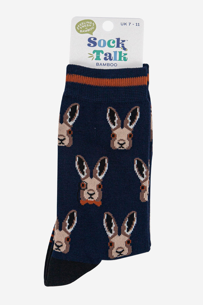 mens-bamboo-socks-navy-blue-black-dapper-hare-in-sock-talk-packaging