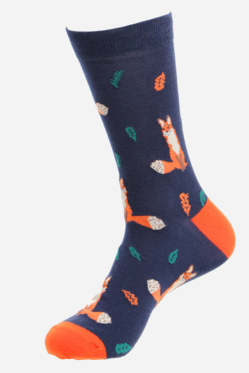 mens navy blue  bamboo socks with red foxes