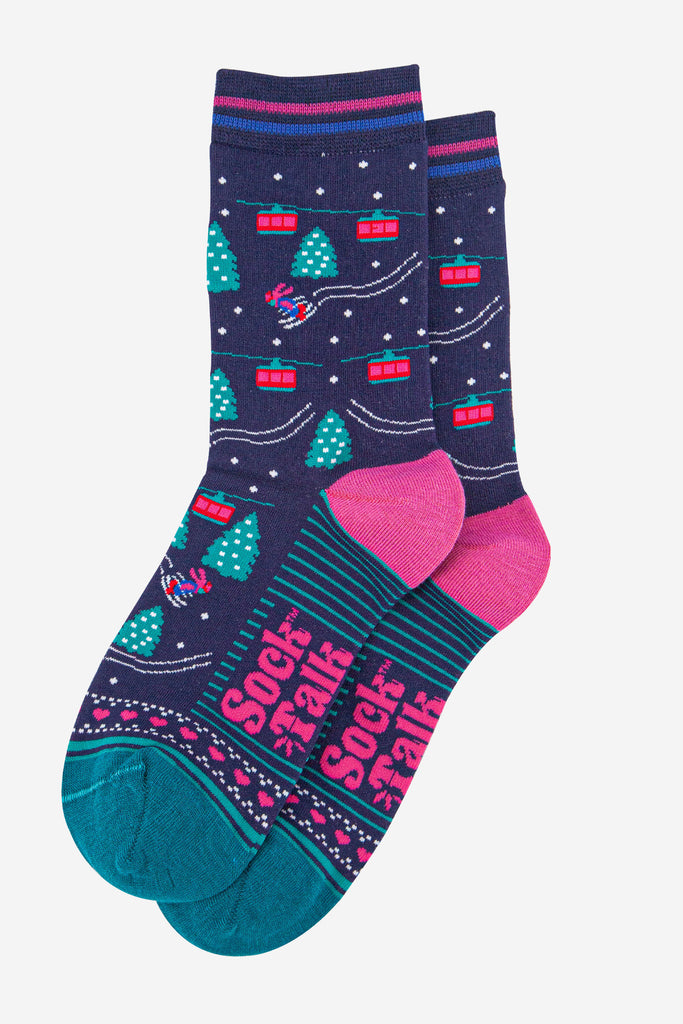 womens-bamboo-socks-navy-blue-green-cable-cars-and-trees-laying-flat