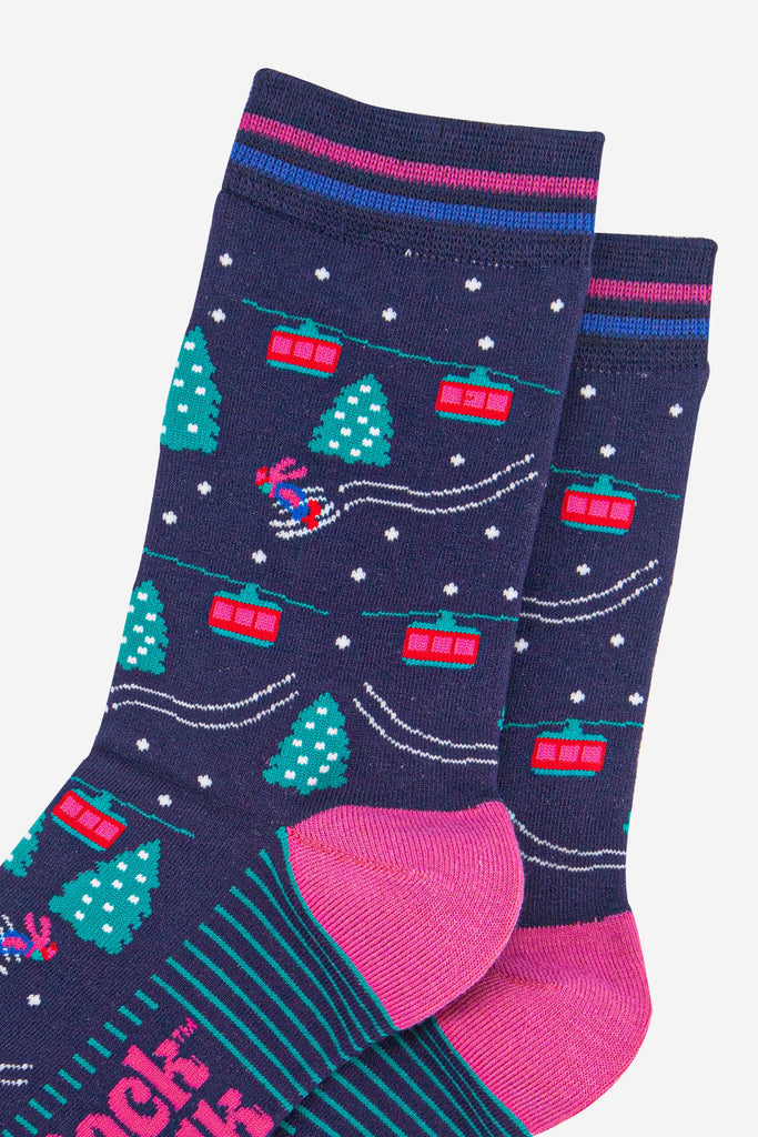 womens-bamboo-socks-navy-blue-green-cable-cars-and-trees-close-up