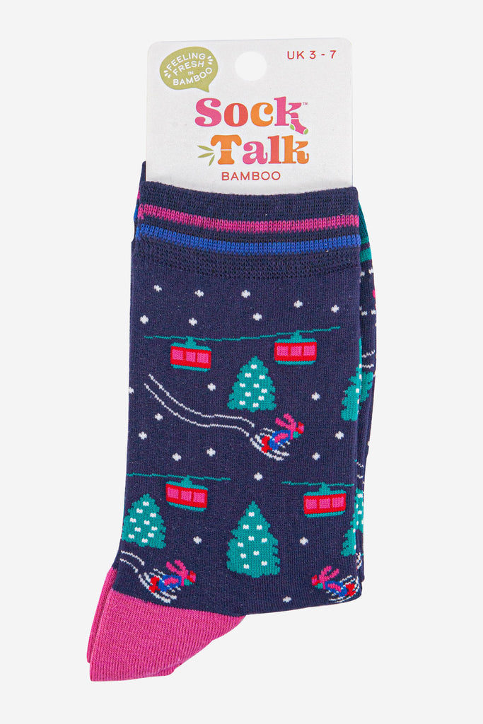 womens-bamboo-socks-navy-blue-green-cable-cars-and-trees-in-sock-talk-packaging