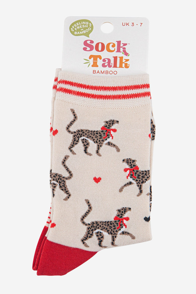 womens-bamboo-socks-cream-red-winter-cheetah-in-sock-talk-packaging