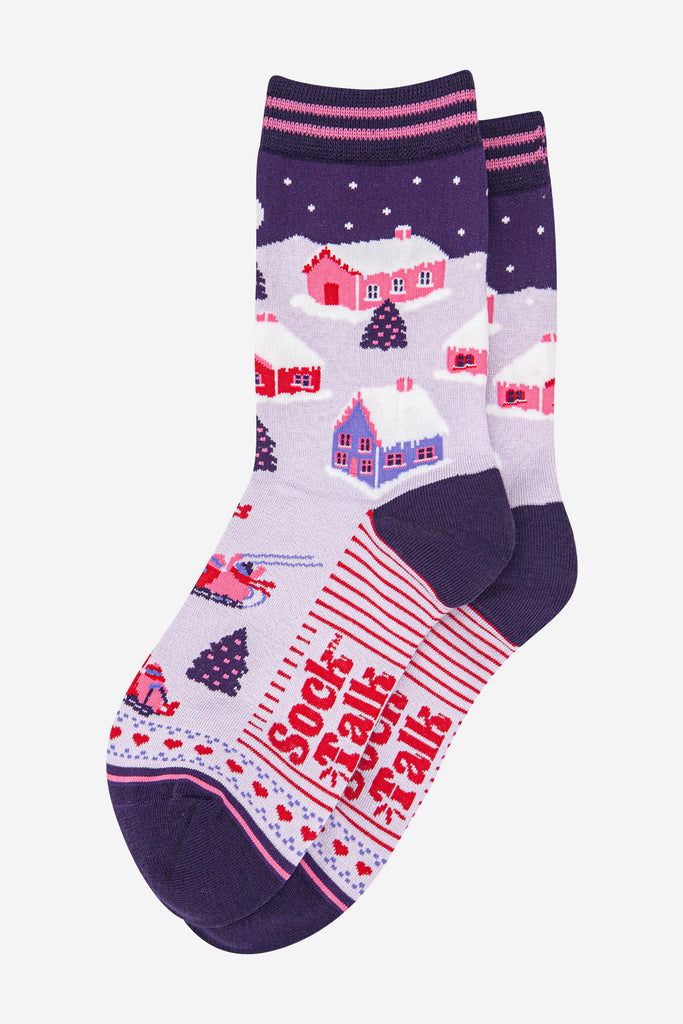 womens-bamboo-socks-navy-blue-winter-village-laying-flat