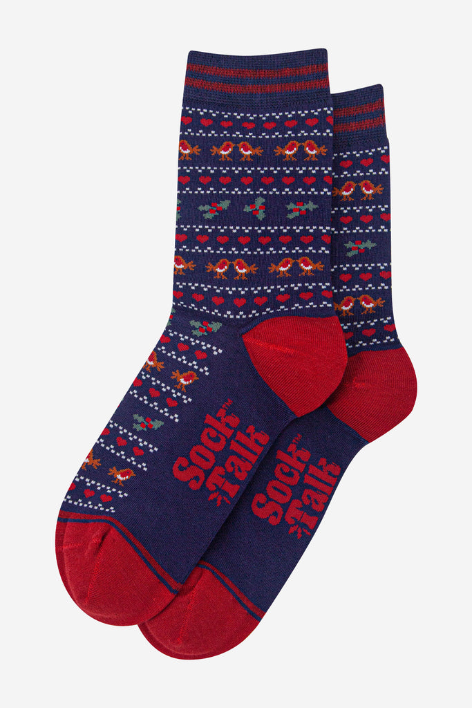 womens-bamboo-socks-navy-blue-red-robin-fair-isle-laying-flat