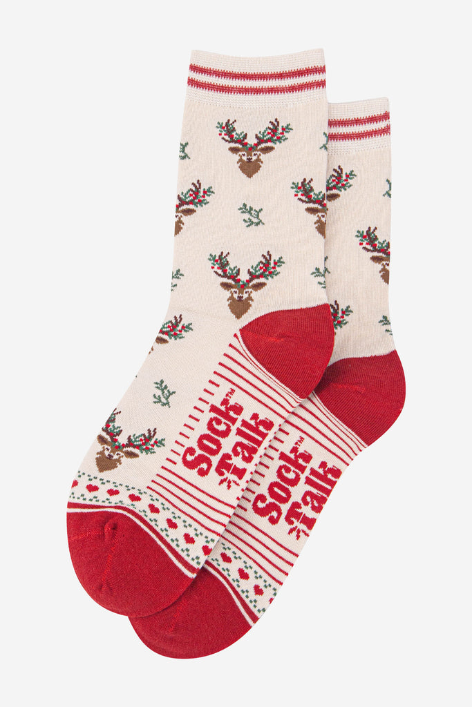 womens-bamboo-socks-cream-red-floral-reindeer-laying-flat