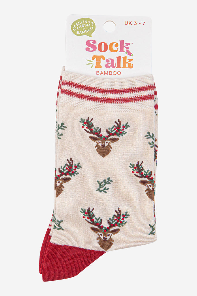 womens-bamboo-socks-cream-red-floral-reindeer-in-sock-talk-packaging