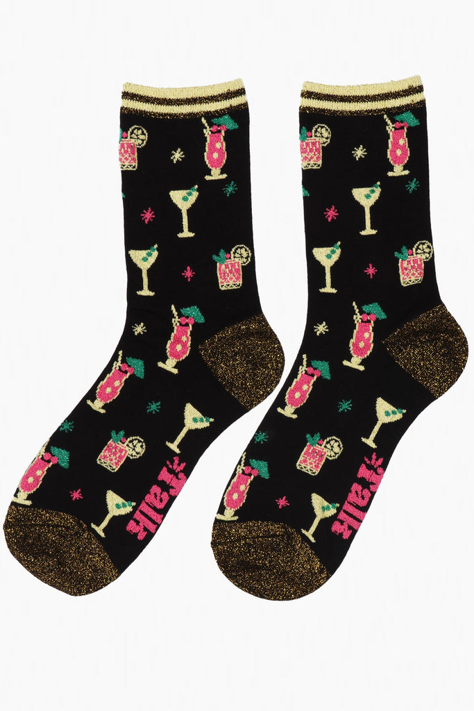 black sparkly glitter socks with a pattern of pink and yellow cocktail glasses