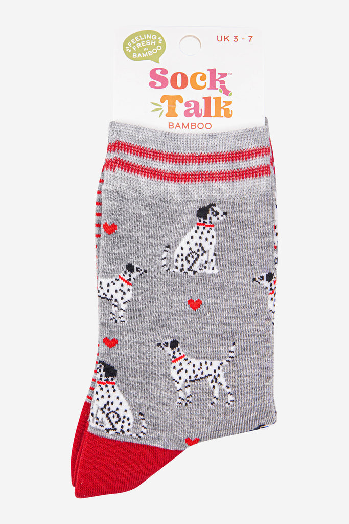 womens-bamboo-socks-light-grey-red-dalmatians-in-sock-talk-packaging