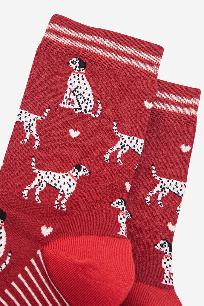 womens-bamboo-socks-red-cream-dalmatians-close-up