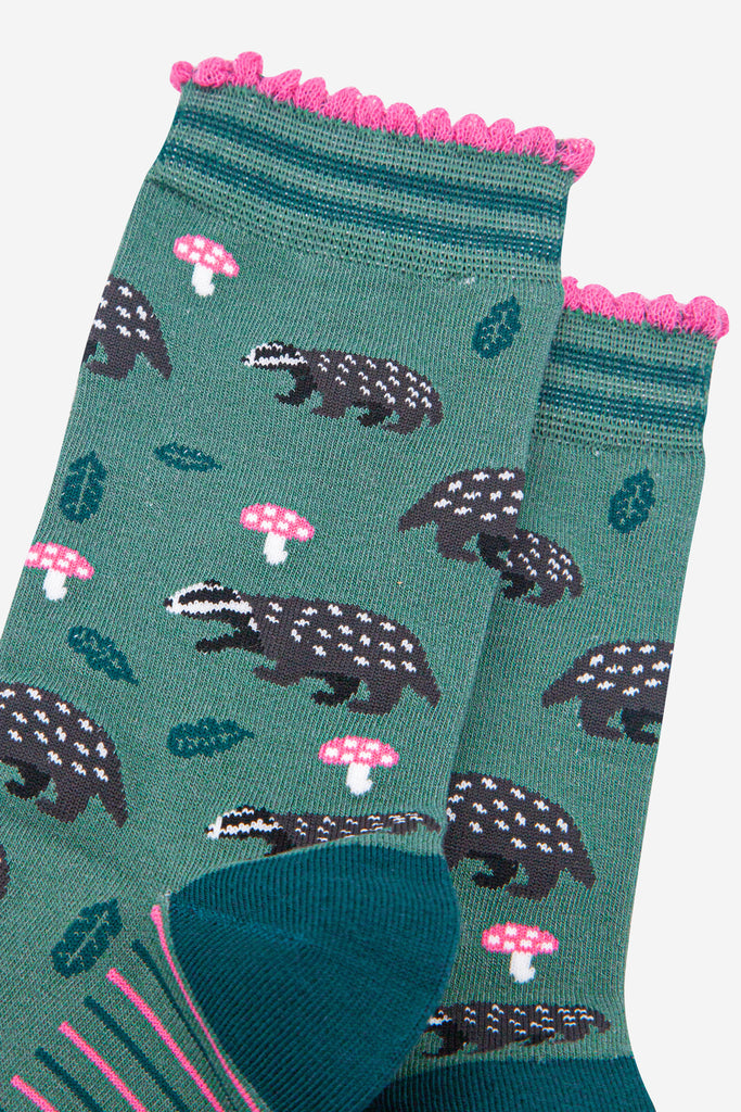 womens-bamboo-socks-sage-forest-green-badgers-and-toadstools-close-up