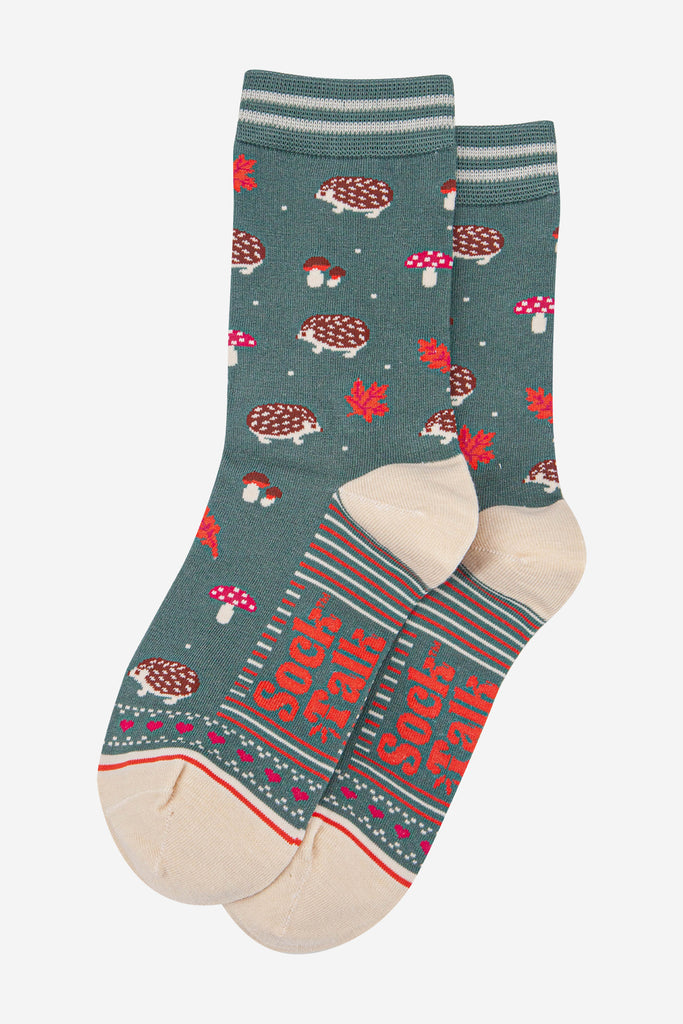 womens-bamboo-socks-sage-green-cream-hedgehog-toadstool-laying-flat