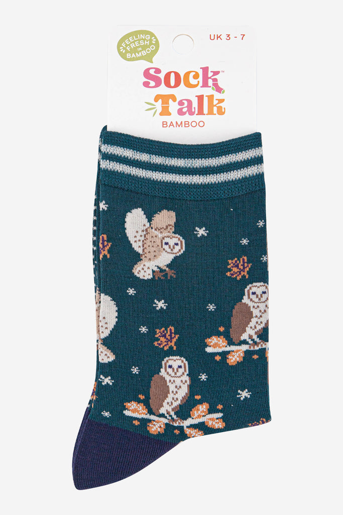 womens-bamboo-socks-forest-green-navy-blue-barn-owls-in-sock-talk-packaging