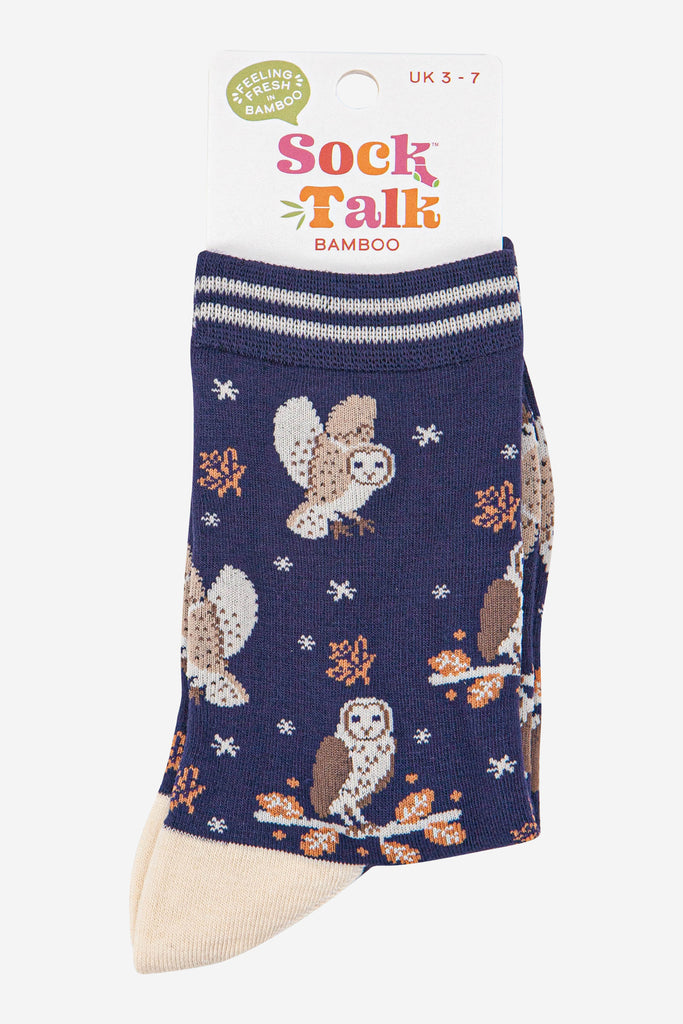womens-bamboo-socks-navy-blue-barn-owls-in-sock-talk-packaging