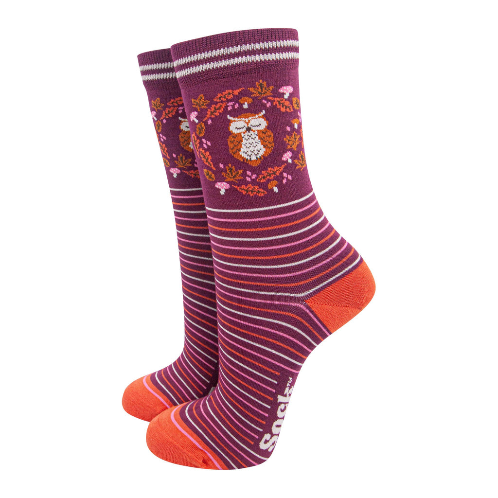 womens-bamboo-socks-berry-owl-woodland-animals-stripes