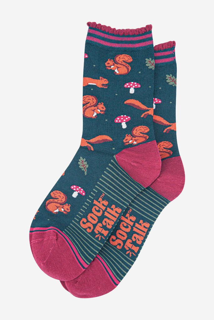 womens-bamboo-socks-forest-green-berry-squirrel-and-toadstool-laying-flat