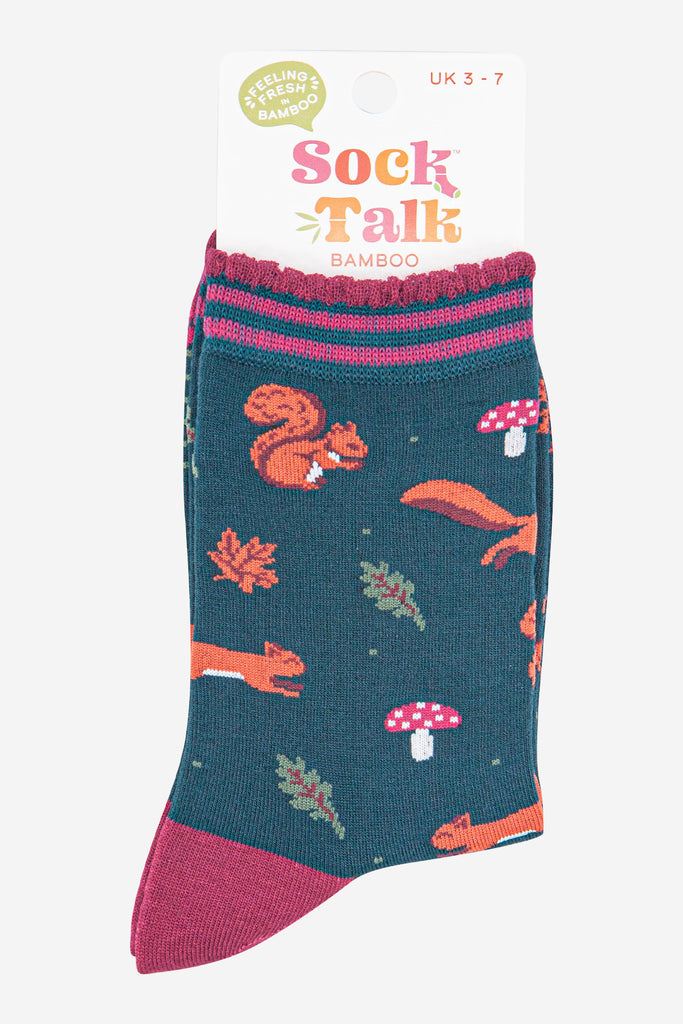 womens-bamboo-socks-forest-green-berry-squirrel-and-toadstool-in-sock-talk-packaging