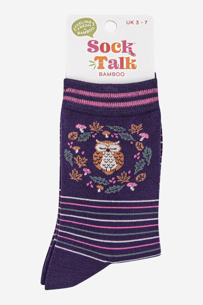 womens-bamboo-socks-navy-blue-sage-owl-in-wreath-in-sock-talk-packaging
