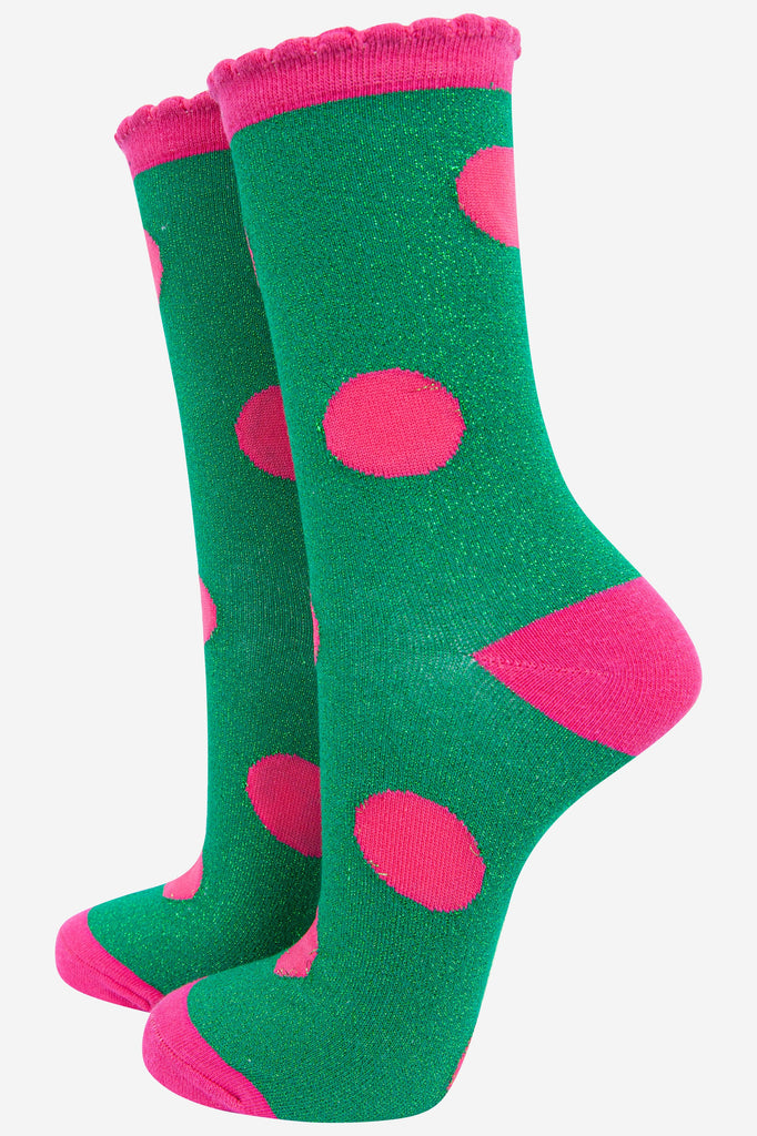 womens-large-polka-dot-glitter-socks-pink-green-3-pack-green