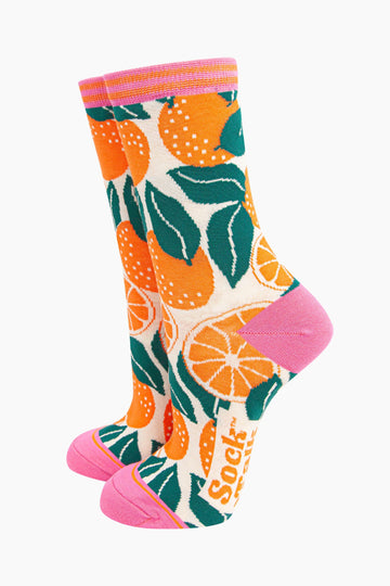 womens-bamboo-socks-cream-orange-tree-fruit-leaf-pattern