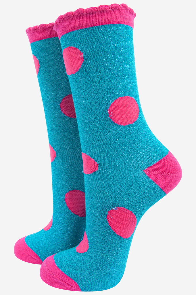 womens-large-polka-dot-glitter-socks-pink-green-3-pack-turquoise