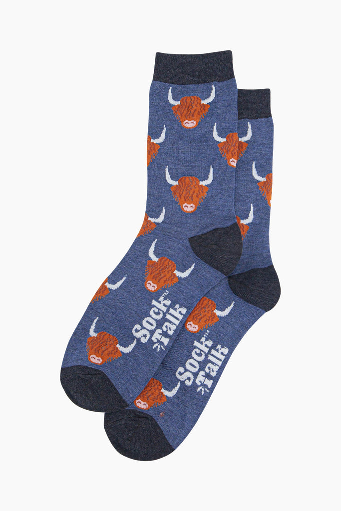 mens-bamboo-socks-denim-blue-highland-cow-laying-flat