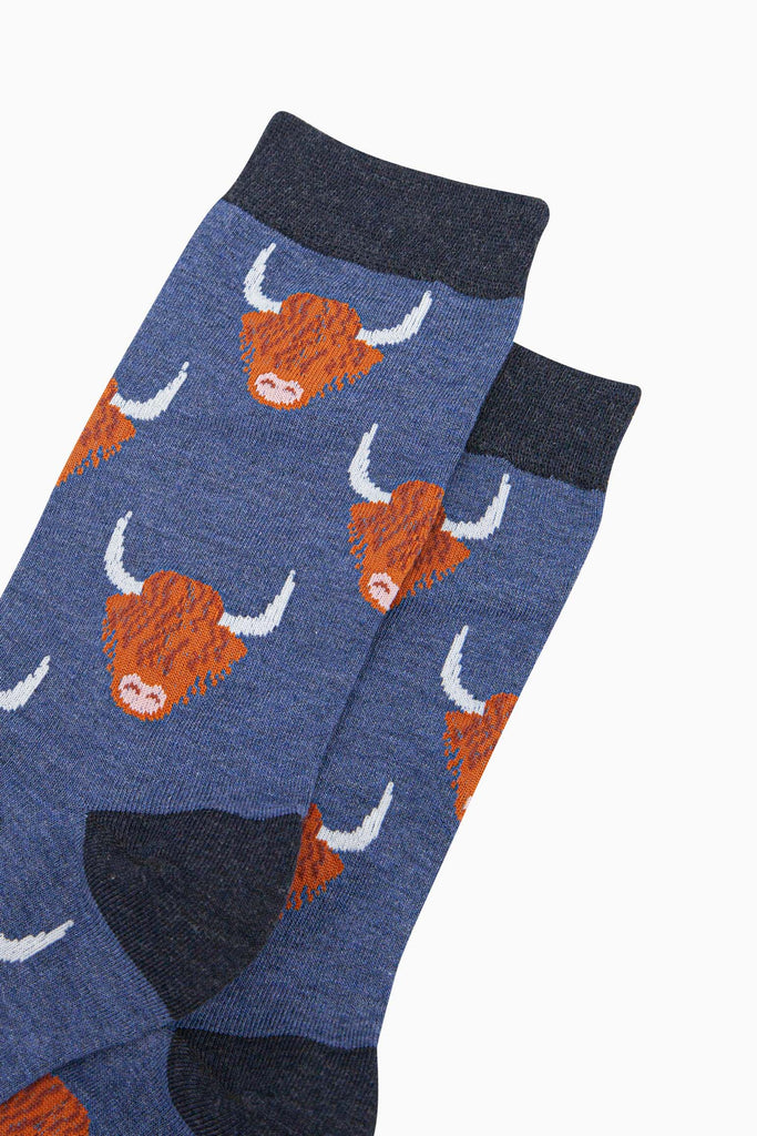 mens-bamboo-socks-denim-blue-highland-cow-close-up-long-haired-cows-orange