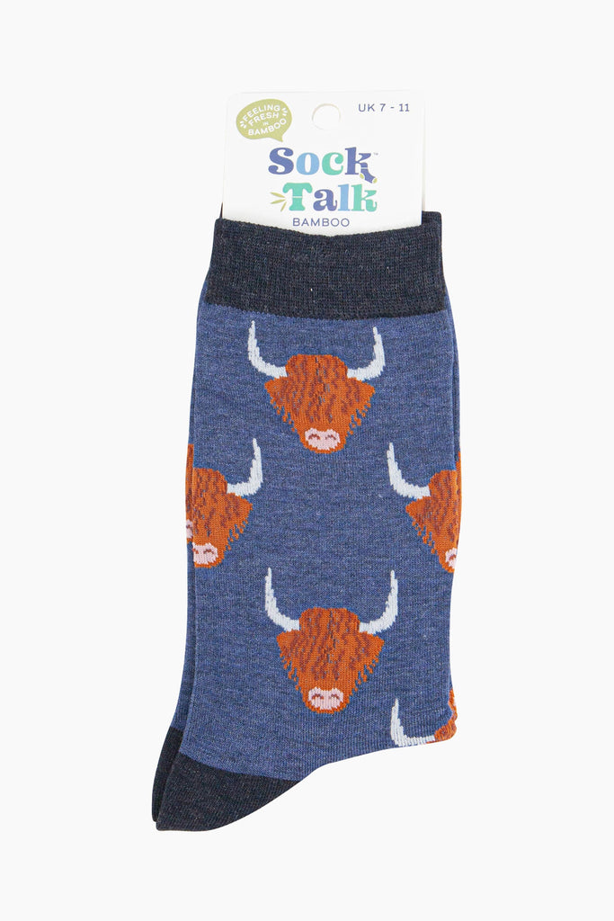 mens-bamboo-socks-denim-blue-highland-cow-in-sock-talk-packaging-uk-size-7-11