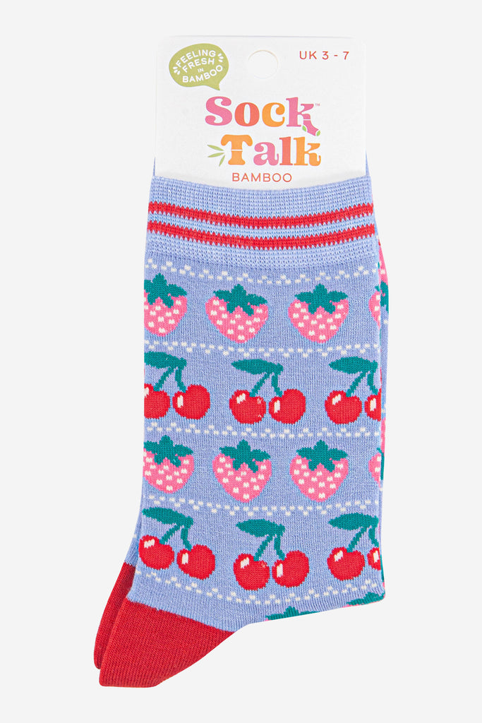womens-bamboo-socks-light-blue-red-strawberries-in-sock-talk-packaging