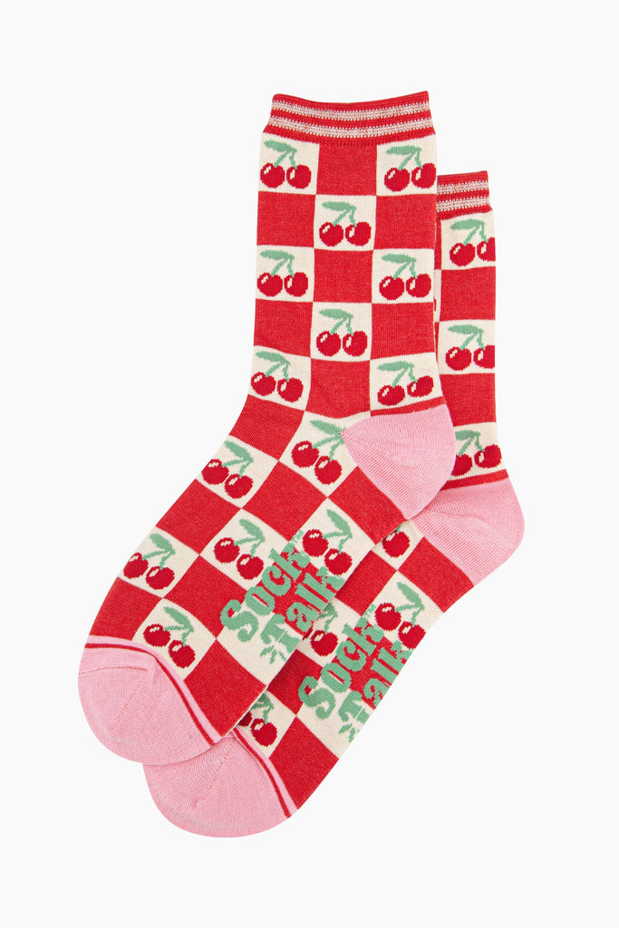 womens-bamboo-socks-cream-red-cherry-squares-laying-flat-showing-the-all-over-pattern