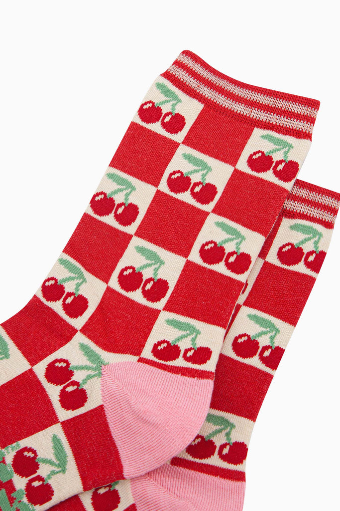 womens-bamboo-socks-cream-red-cherry-squares-close-up-of-the-check-pattern-featuring-red-cherries