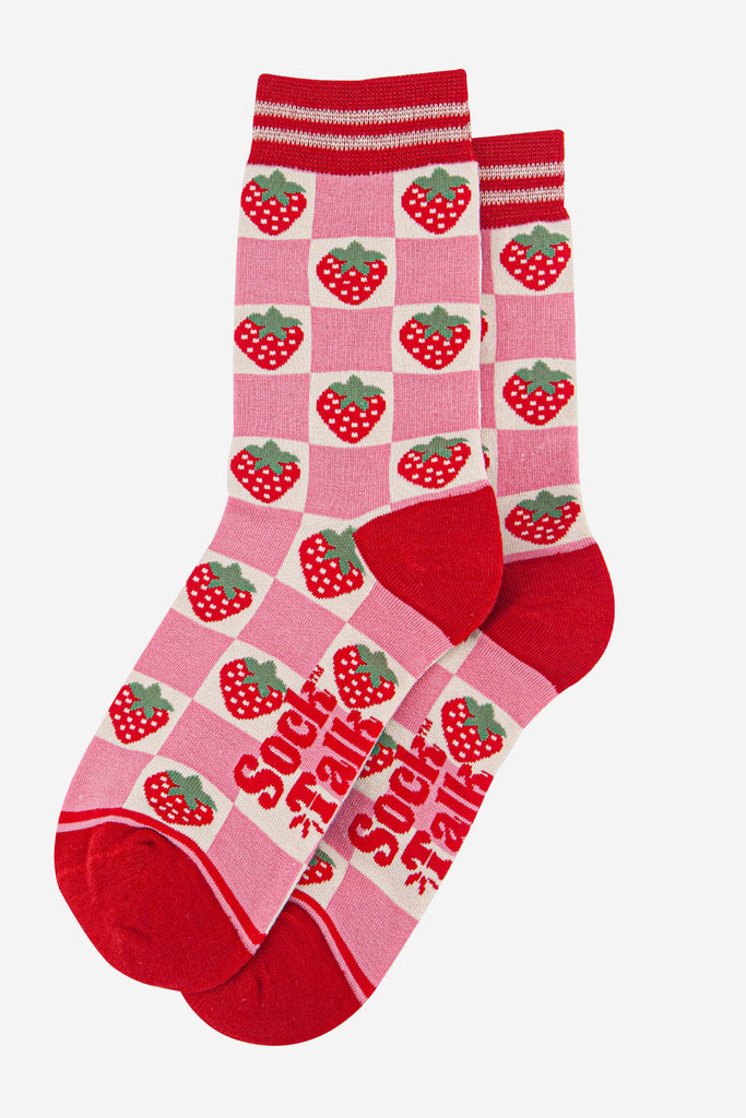 womens-bamboo-socks-pink-red-checked-strawberry-laying-flat