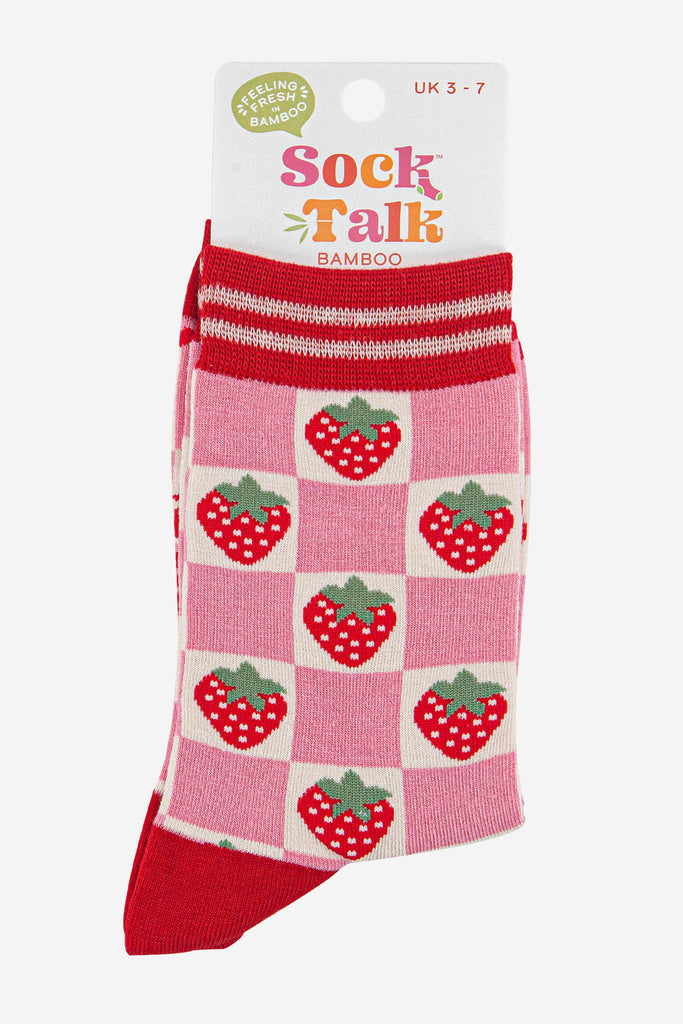 womens-bamboo-socks-pink-red-checked-strawberry-in-sock-talk-packaging