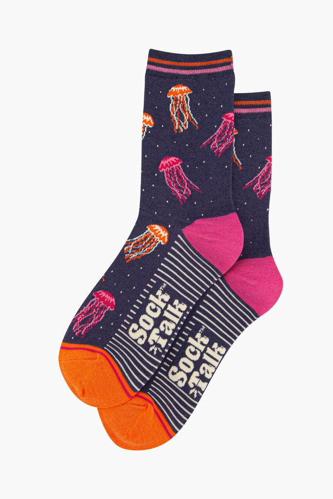 womens-bamboo-socks-navy-jellyfish-laying-flat-the-jellyfish-pattern-covers-the-design