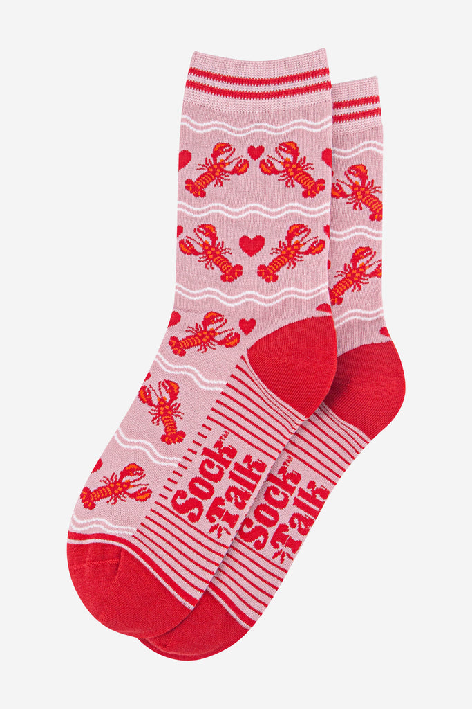 womens-bamboo-socks-light-pink-red-lobsters-laying-flat