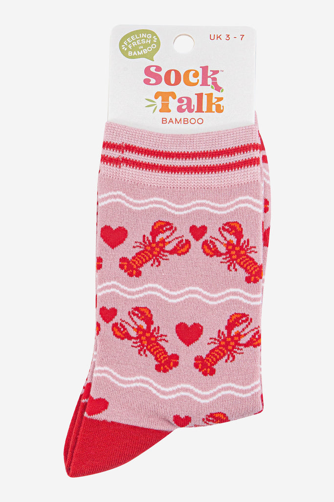 womens-bamboo-socks-light-pink-red-lobsters-in-sock-talk-packaging