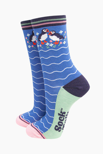 womens-bamboo-socks-blue-puffins-and-flowers-wavy-white-stripes-birds