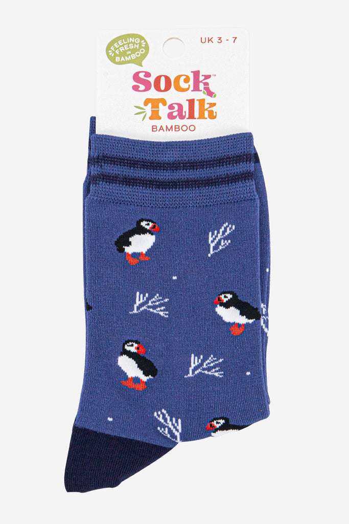 womens-bamboo-socks-denim-blue-navy-blue-puffins-and-coral-in-sock-talk-packaging