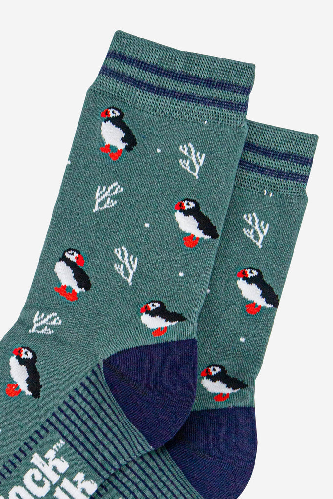 womens-bamboo-socks-sage-green-navy-blue-puffins-and-coral-close-up