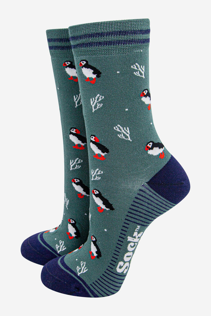 womens-bamboo-socks-sage-green-navy-blue-puffins-and-coral-seabirds