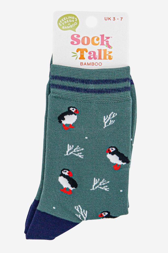 womens-bamboo-socks-sage-green-navy-blue-puffins-and-coral-in-sock-talk-packaging