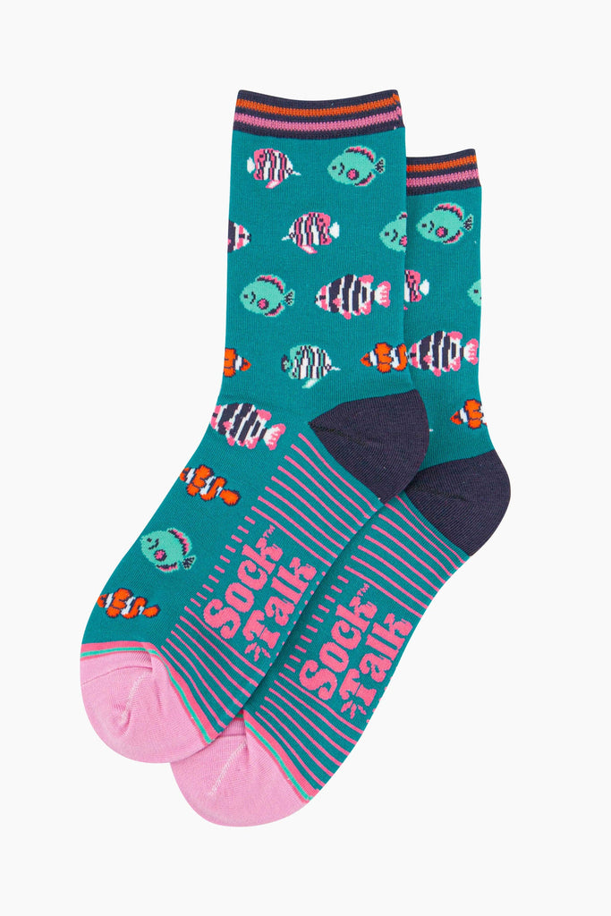 womens-bamboo-socks-aqua-tropical-fish-laying-flat-the-colourful-fish-pattern-covers-the-full-design