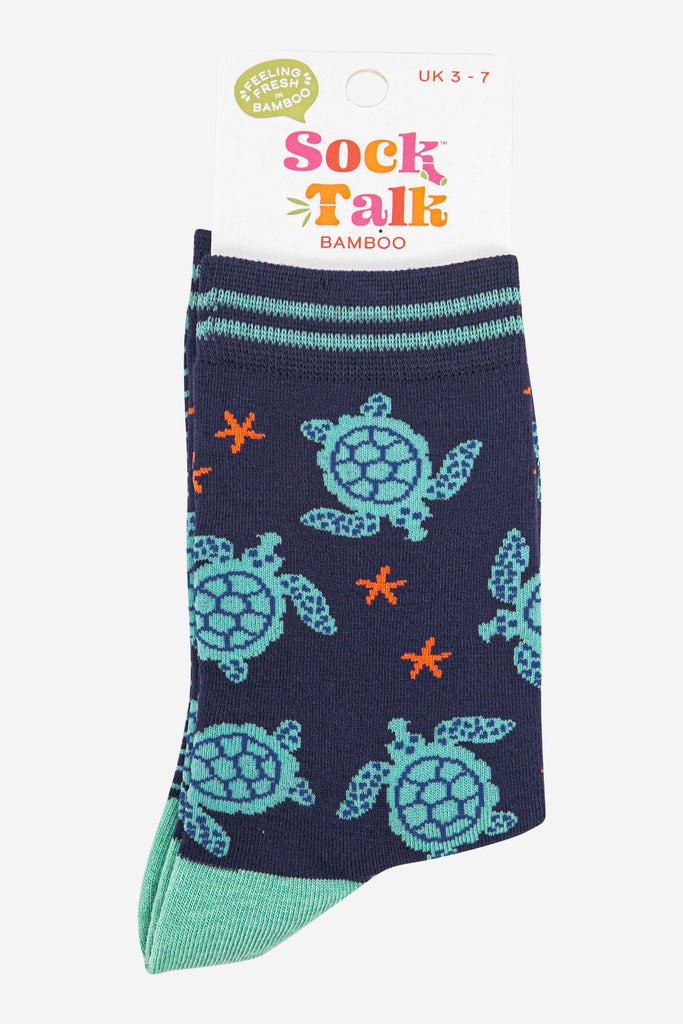 womens-bamboo-socks-navy-blue-mint-turtle-in-sock-talk-packaging